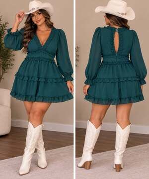 Romantic Teal Ruffle Mini Dress Long Sleeve Keyhole Back Medium